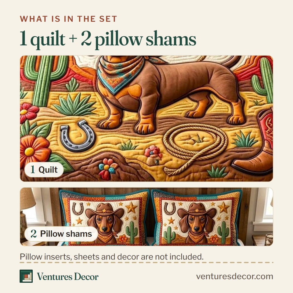 What is in the set: one quilt and two pillow shams, shown in the Dachshund Lover Dog Decor design