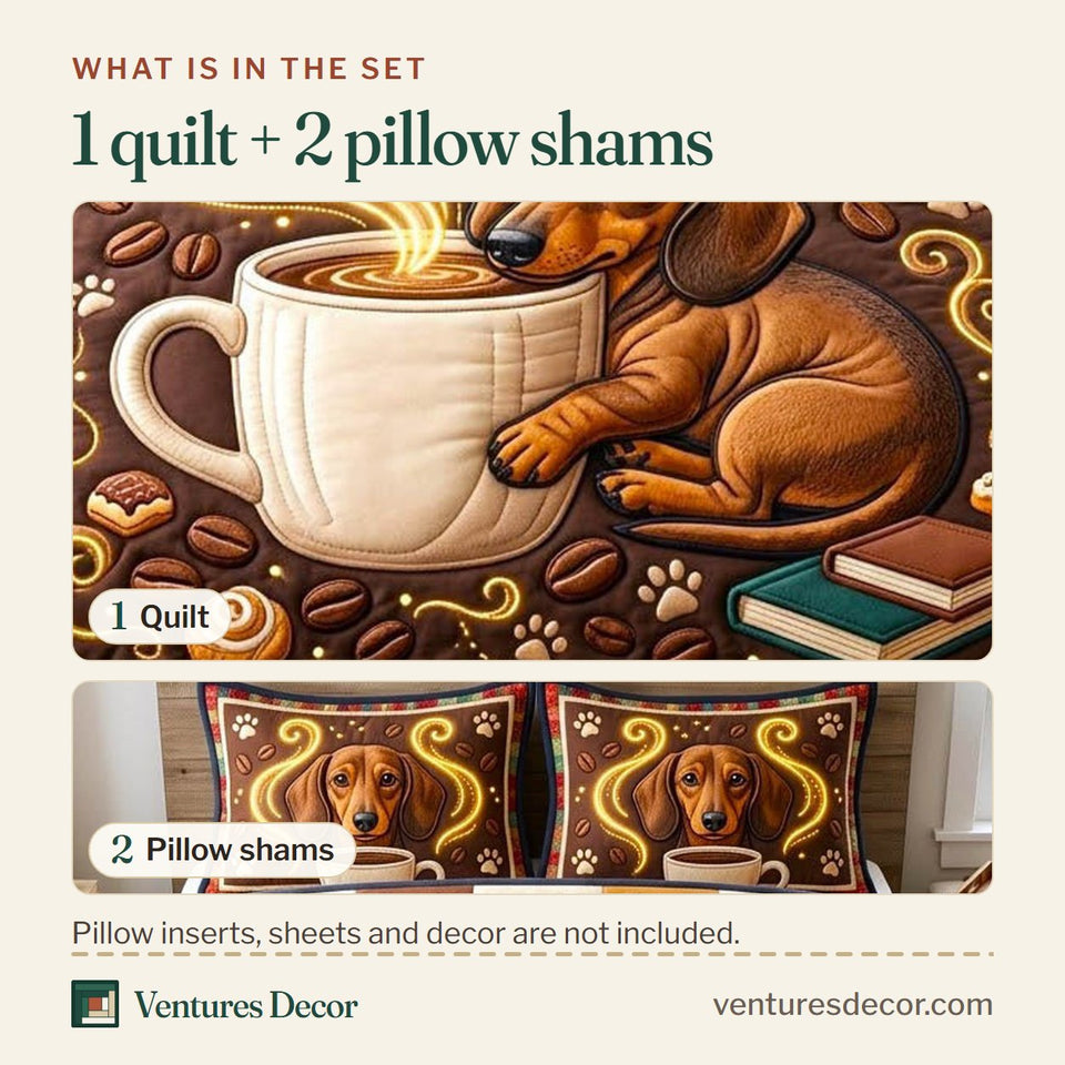 What is in the set: one quilt and two pillow shams, shown in the Dachshund Lover design