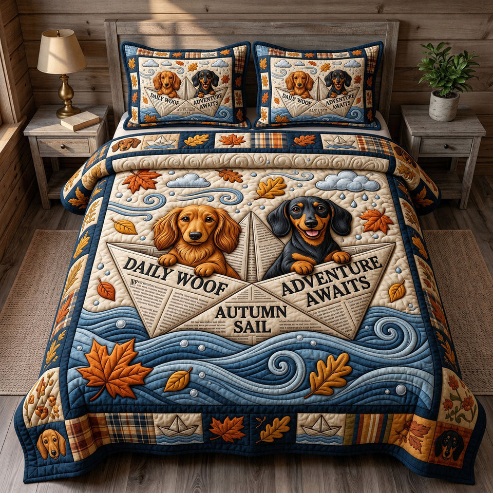 Dachshund Paper Boat Voyage quilted bedding set, quilt and two pillow shams on a made bed