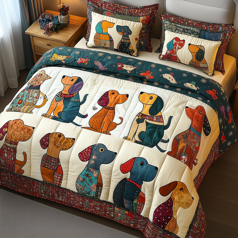 Dachshund Patchwork Rows Teal Border quilted bedding set, quilt and two pillow shams on a made bed