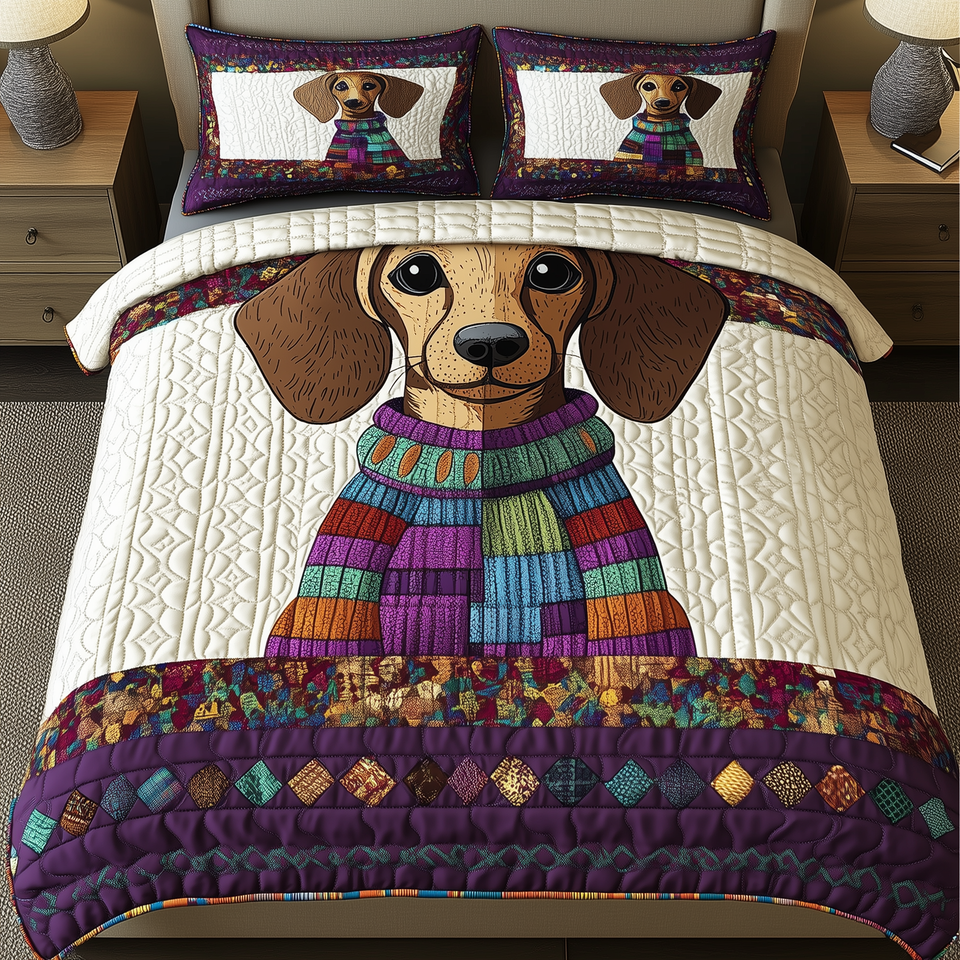 Dachshund Rainbow Knit Diamond Border quilted bedding set, quilt and two pillow shams on a made bed