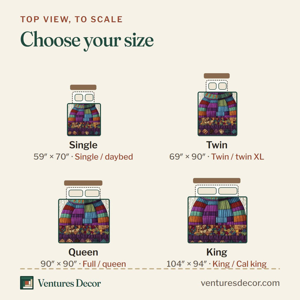 Size guide for the Dachshund Rainbow Knit Diamond Border quilt, top view to scale: Single 59 x 70 in, Twin 69 x 90 in, Queen 90 x 90 in, King 104 x 94 in