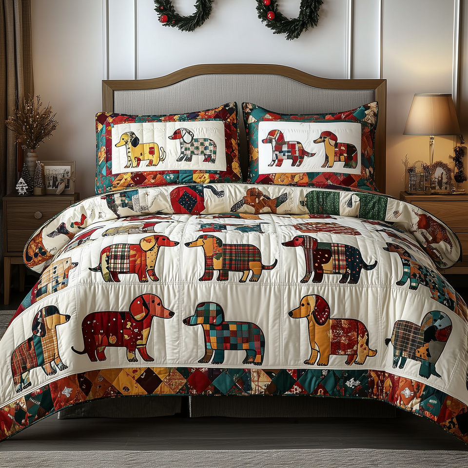 Dachshund Row Parade Red Plaid Trim quilted bedding set, quilt and two pillow shams on a made bed