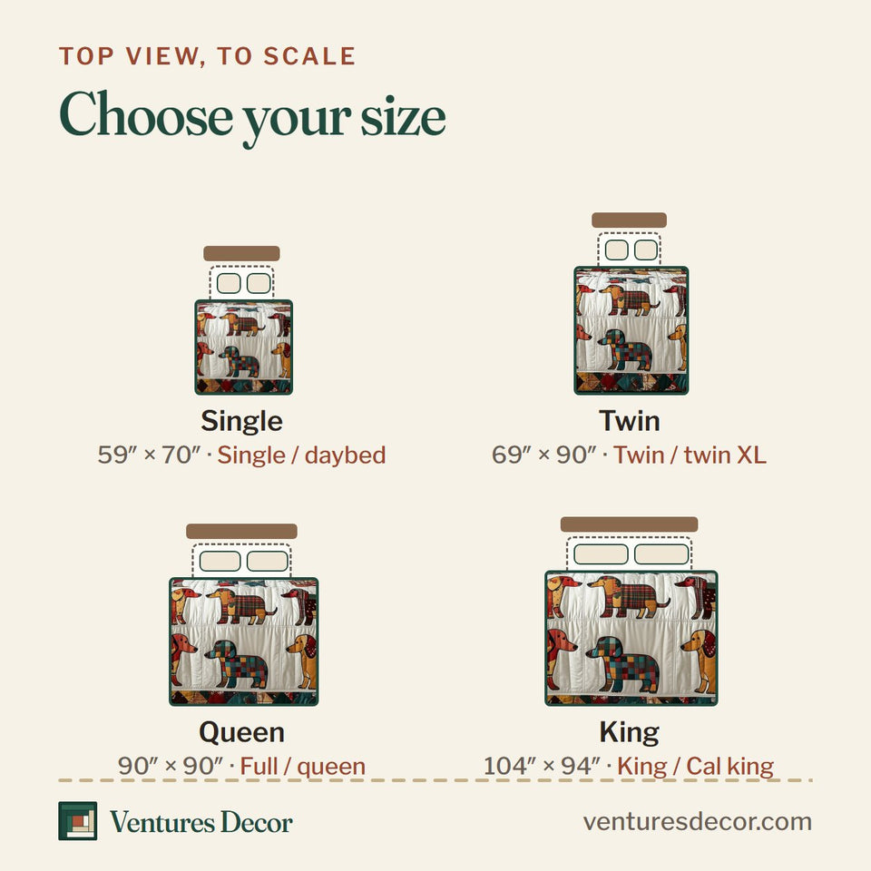 Size guide for the Dachshund Row Parade Red Plaid Trim quilt, top view to scale: Single 59 x 70 in, Twin 69 x 90 in, Queen 90 x 90 in, King 104 x 94 in