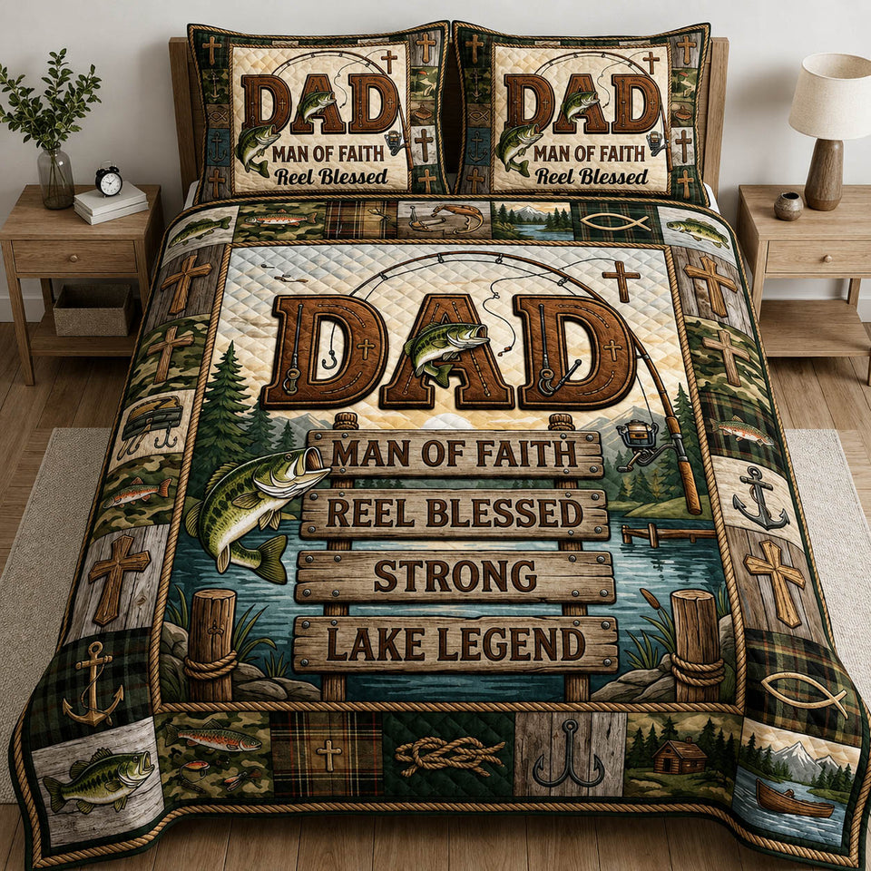 Dad Lake Legend Faith quilted bedding set, quilt and two pillow shams on a made bed