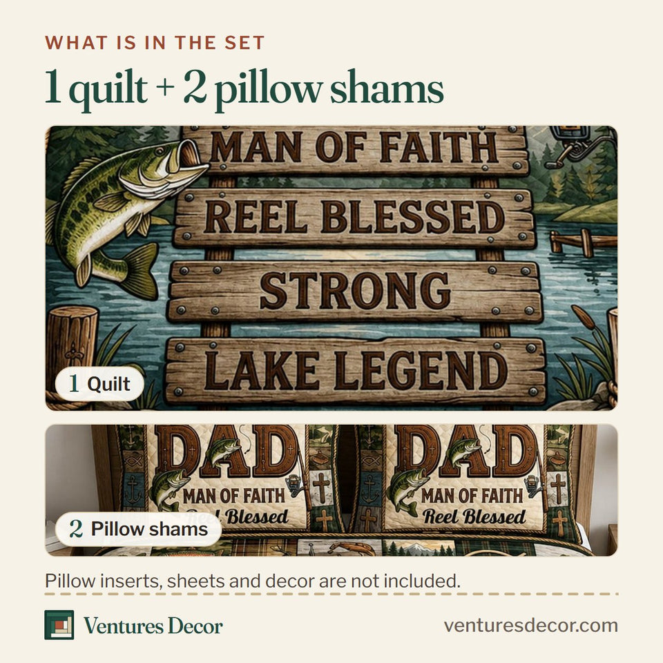 What is in the set: one quilt and two pillow shams, shown in the Dad Lake Legend Faith design
