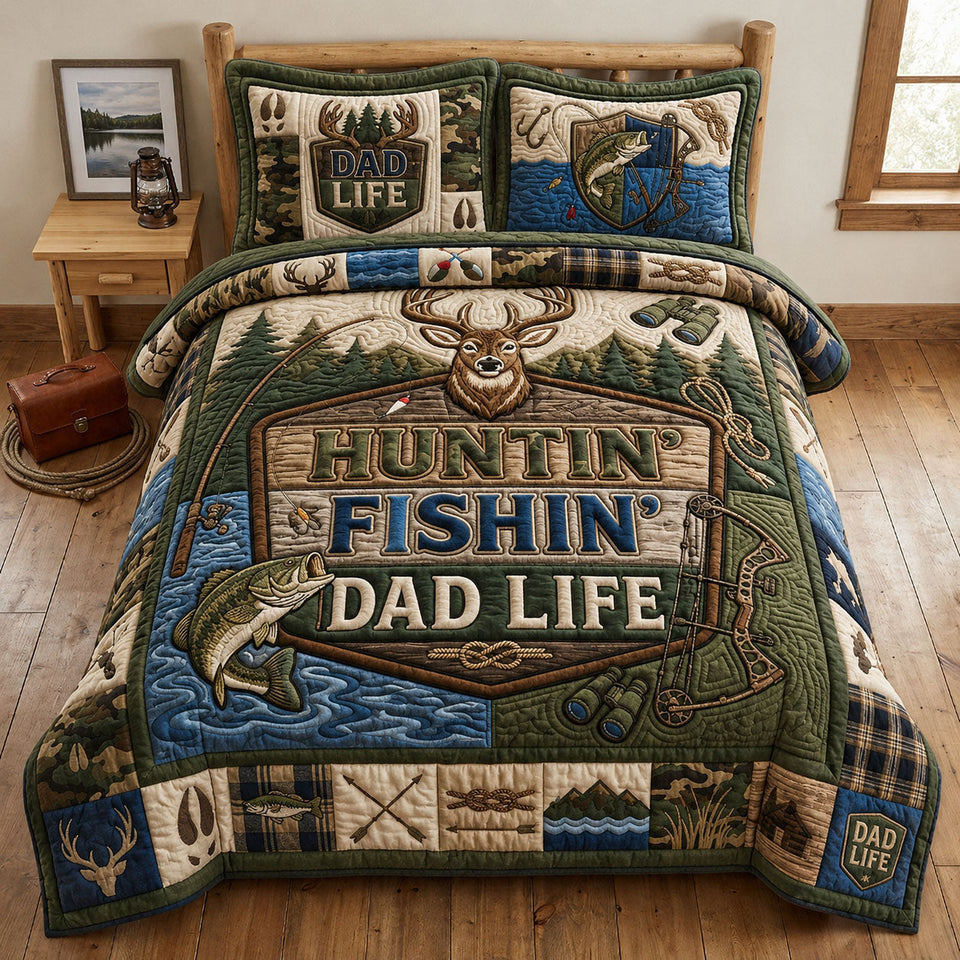 Dad Life quilted bedding set, quilt and two pillow shams on a made bed