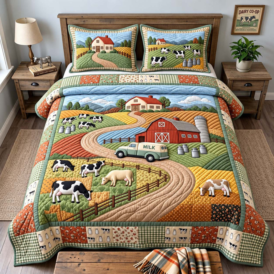 Dairy Road Journey quilted bedding set, quilt and two pillow shams on a made bed