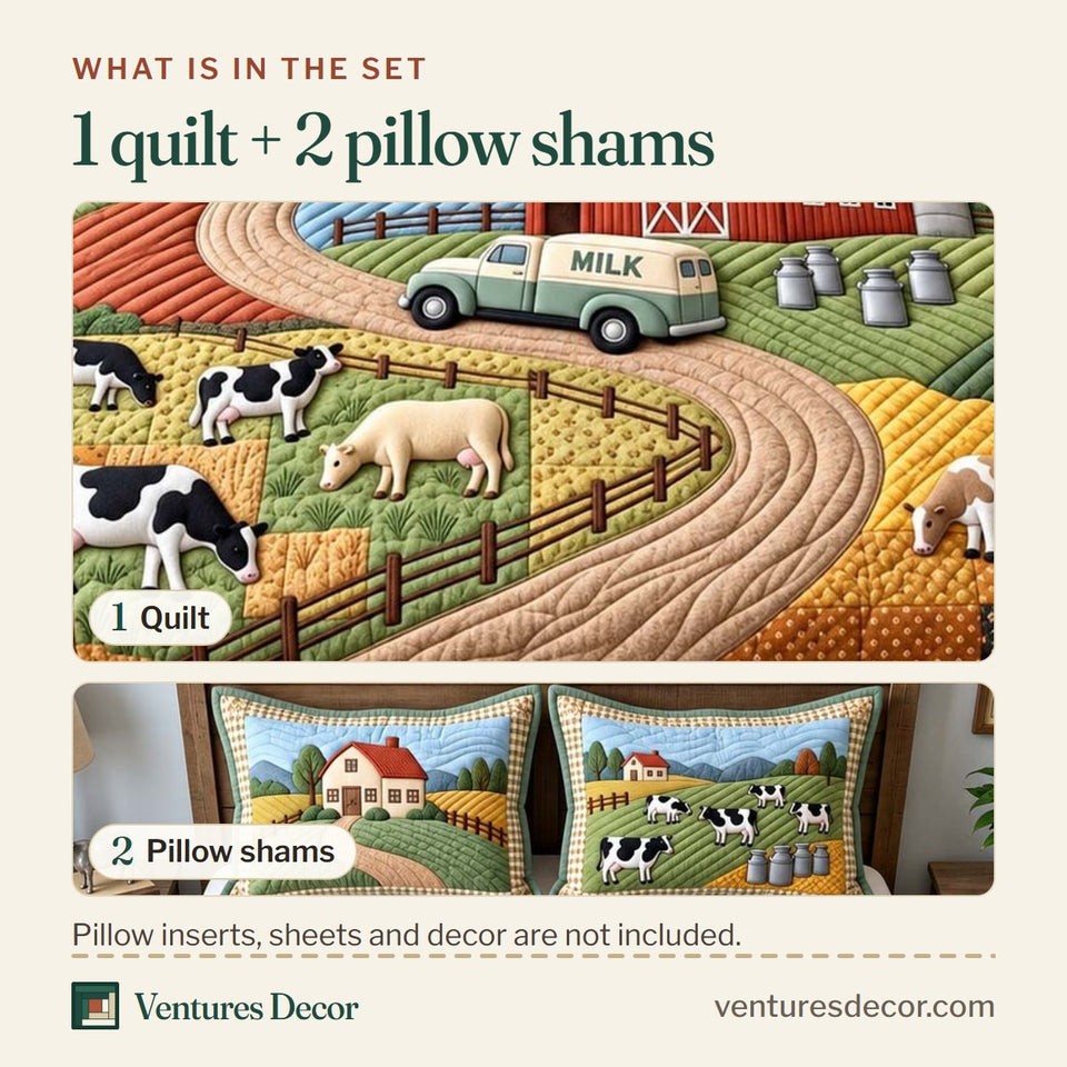 What is in the set: one quilt and two pillow shams, shown in the Dairy Road Journey Quilt Set, 3-Piece Quilted Bedding with 2 Pillow Shams design