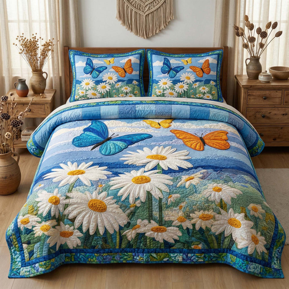 Daisy Butterflies quilted bedding set, quilt and two pillow shams on a made bed