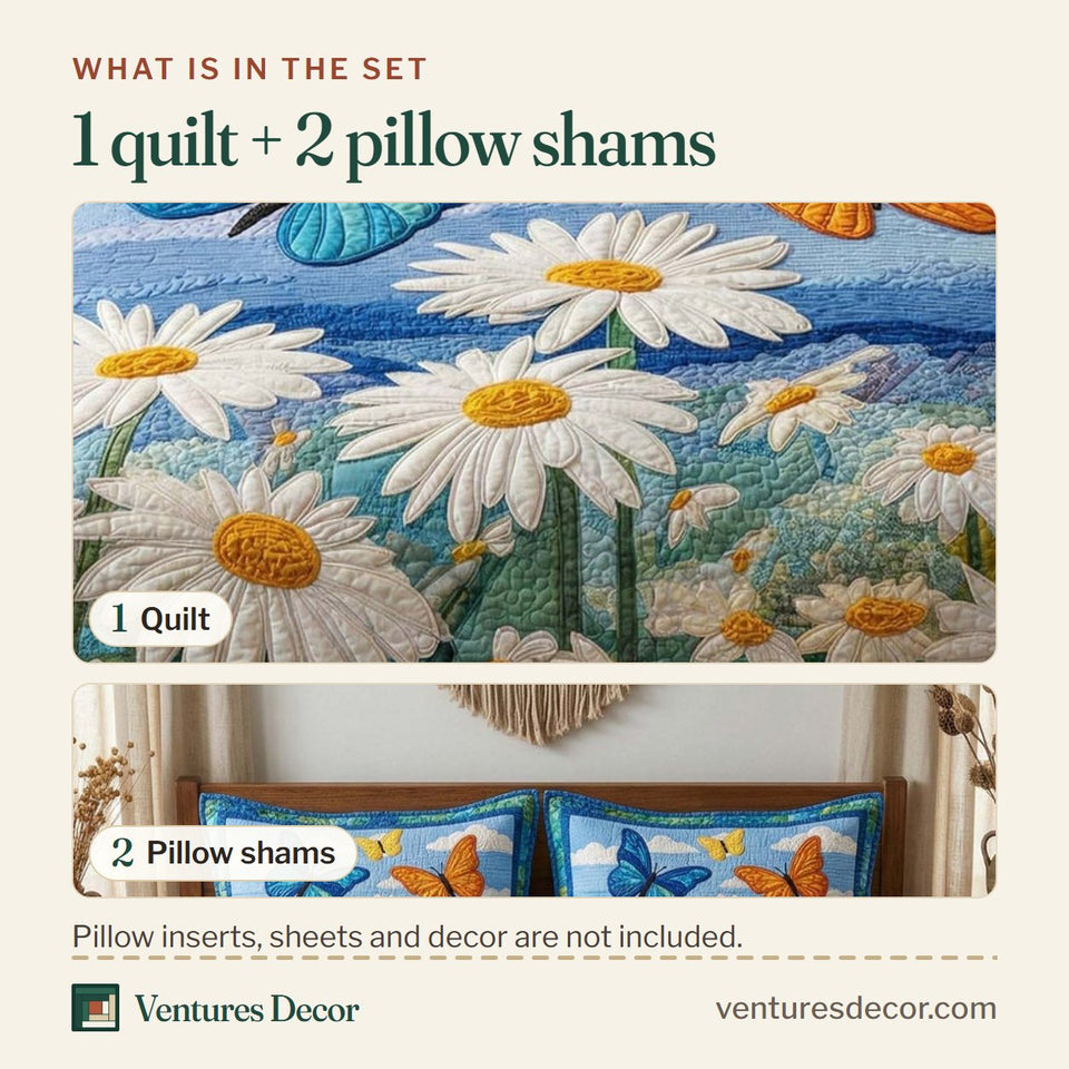 What is in the set: one quilt and two pillow shams, shown in the Daisy Butterflies design