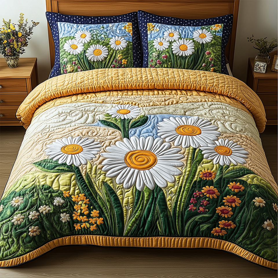 Daisy Garden Sunny Field Cream Ground quilted bedding set, quilt and two pillow shams on a made bed