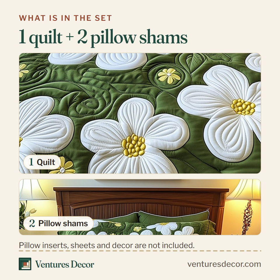 What is in the set: one quilt and two pillow shams, shown in the Daisy Garden White Petals Moss Green design