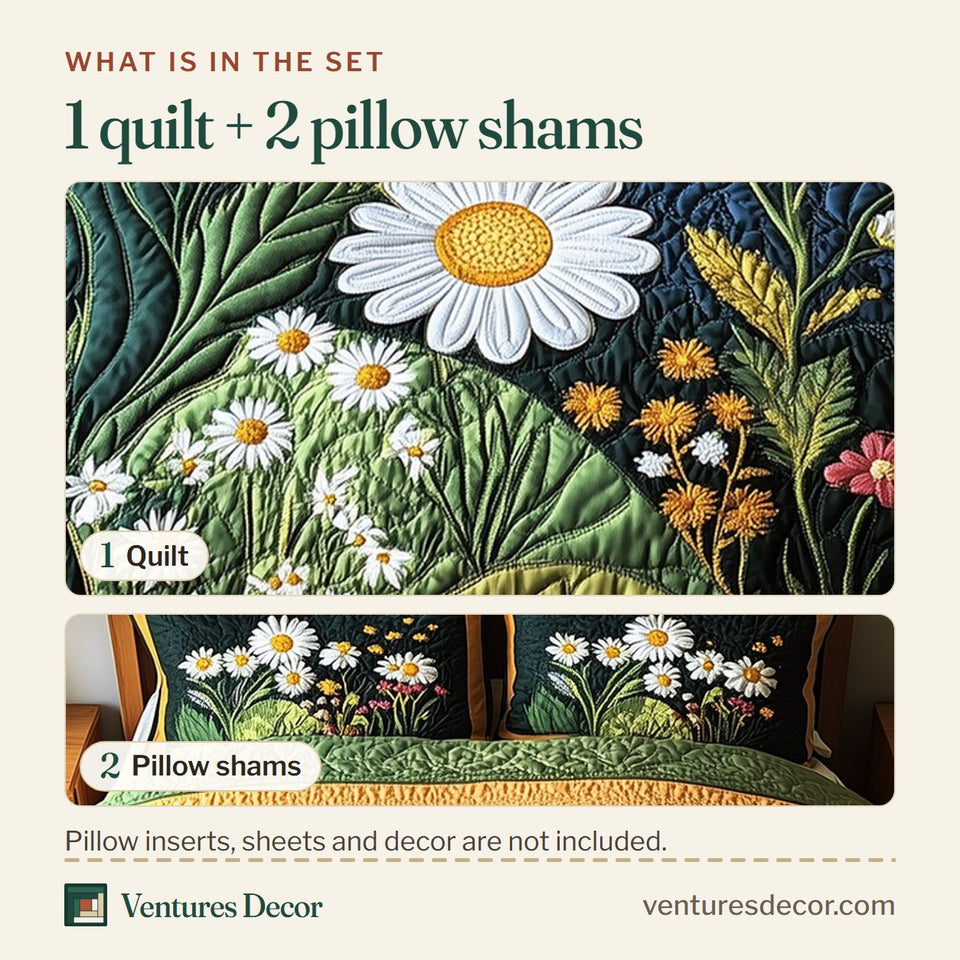 What is in the set: one quilt and two pillow shams, shown in the Daisy Garden Wildflower Bank Gold Trim design