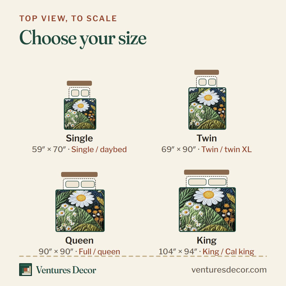 Size guide for the Daisy Garden Wildflower Bank Gold Trim quilt, top view to scale: Single 59 x 70 in, Twin 69 x 90 in, Queen 90 x 90 in, King 104 x 94 in