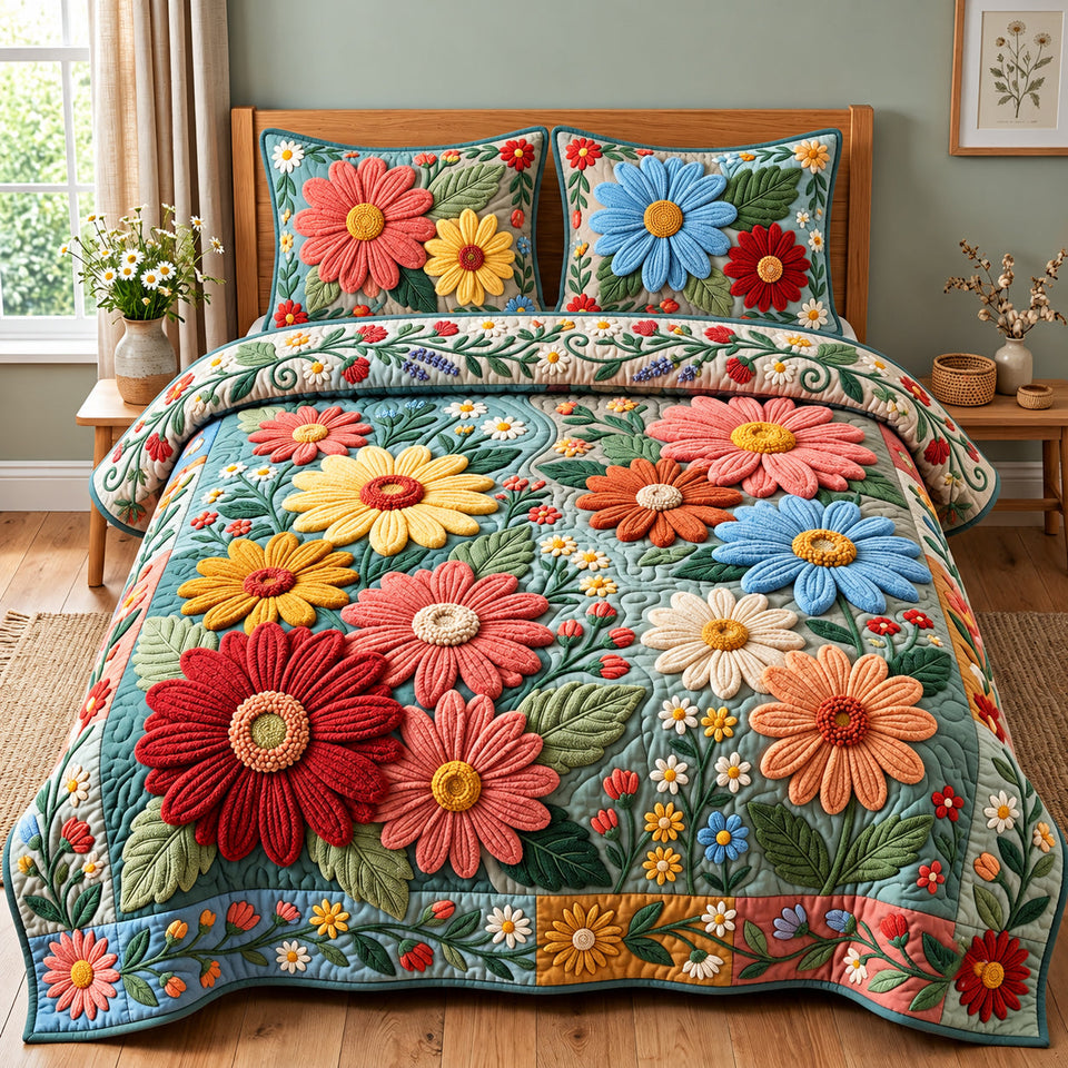 Daisy Patchwork quilted bedding set, quilt and two pillow shams on a made bed