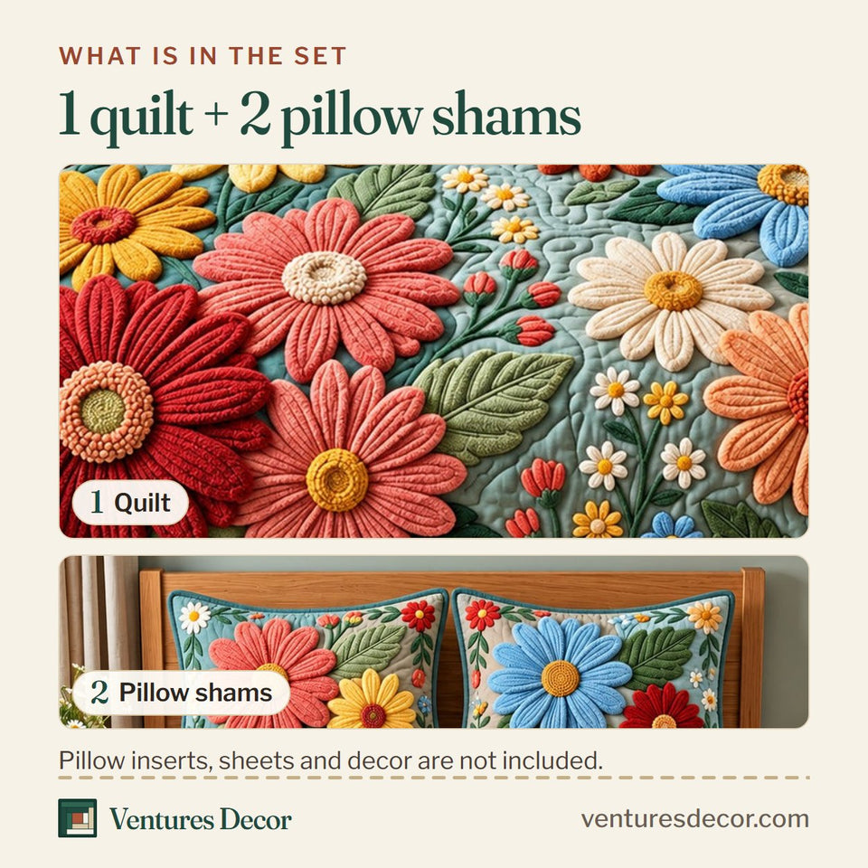 What is in the set: one quilt and two pillow shams, shown in the Daisy Patchwork Quilt Set, 3-Piece Quilted Bedding with 2 Pillow Shams design