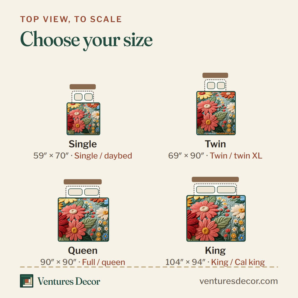 Size guide for the Daisy Patchwork Quilt Set, 3-Piece Quilted Bedding with 2 Pillow Shams quilt, top view to scale: Single 59 x 70 in, Twin 69 x 90 in, Queen 90 x 90 in, King 104 x 94 in