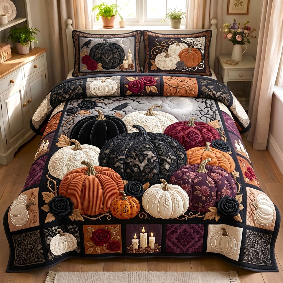 Damask Pumpkin Candlelight quilted bedding set, quilt and two pillow shams on a made bed