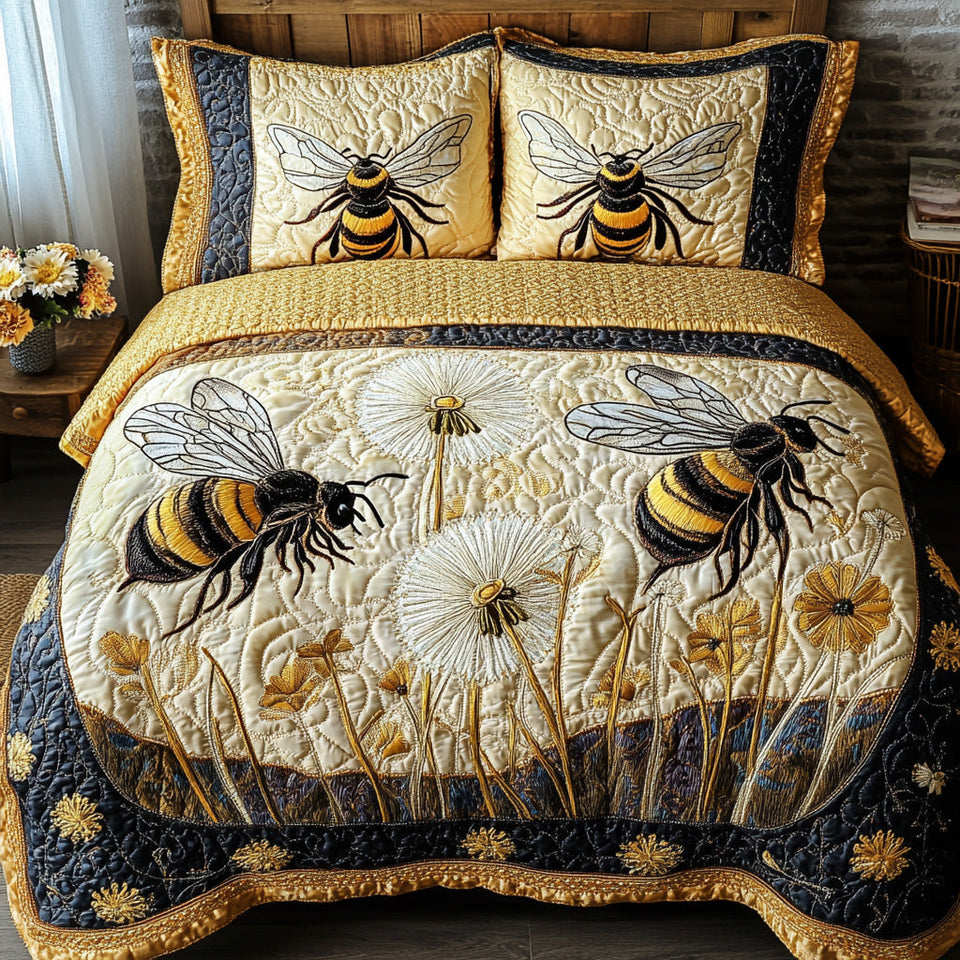 Dandelion Drift Bees quilted bedding set, quilt and two pillow shams on a made bed