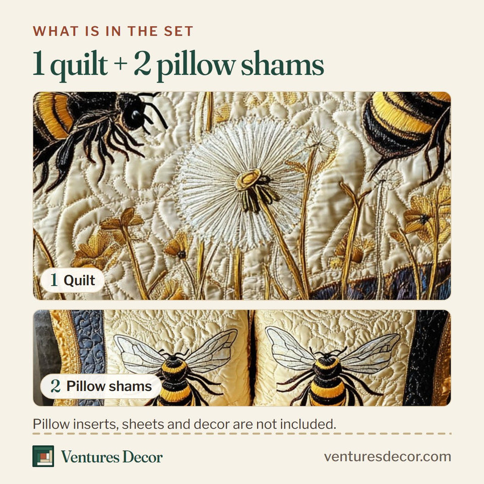 What is in the set: one quilt and two pillow shams, shown in the Dandelion Drift Bees design
