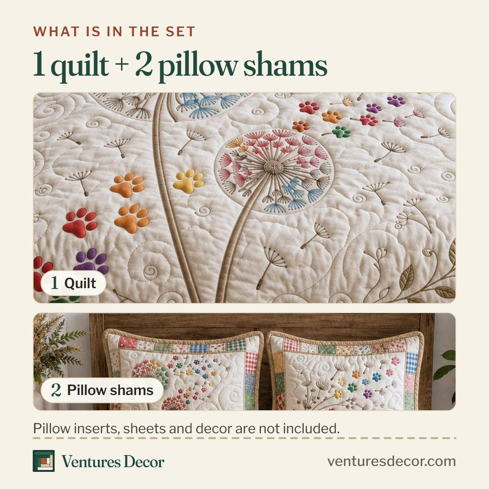 What is in the set: one quilt and two pillow shams, shown in the Dandelion Paw design