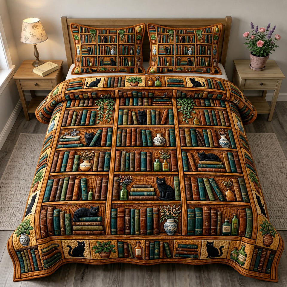 Dark Academia Amber Bookcase with Cats quilted bedding set, quilt and two pillow shams on a made bed