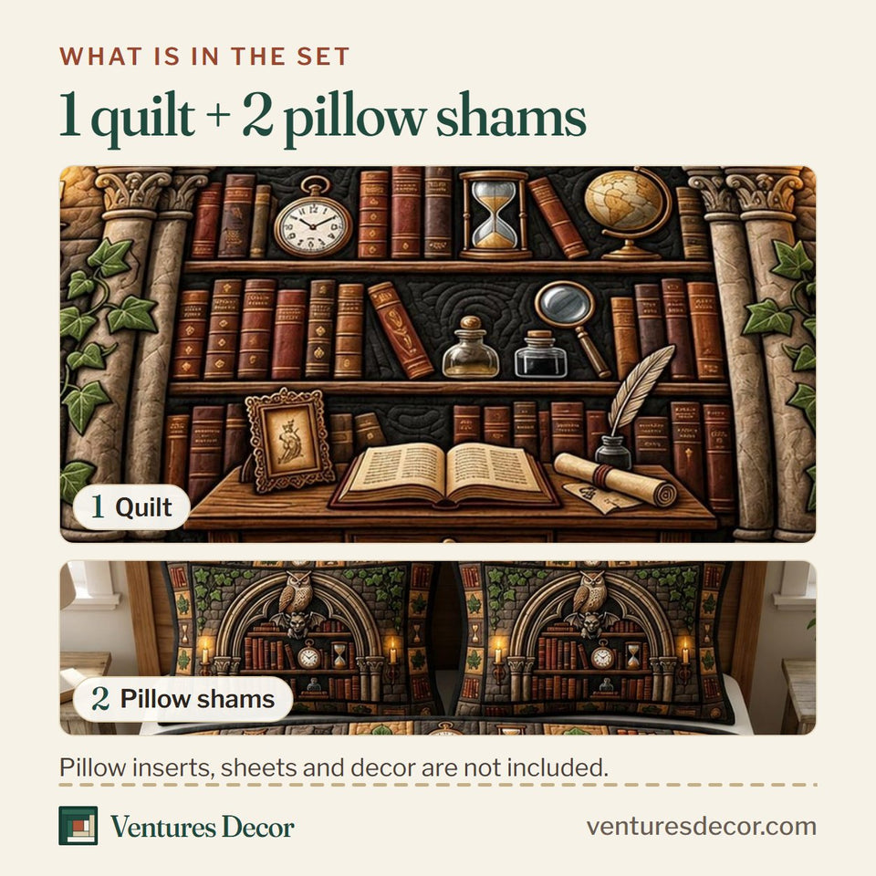 What is in the set: one quilt and two pillow shams, shown in the Dark Academia Arched Library Alcove design