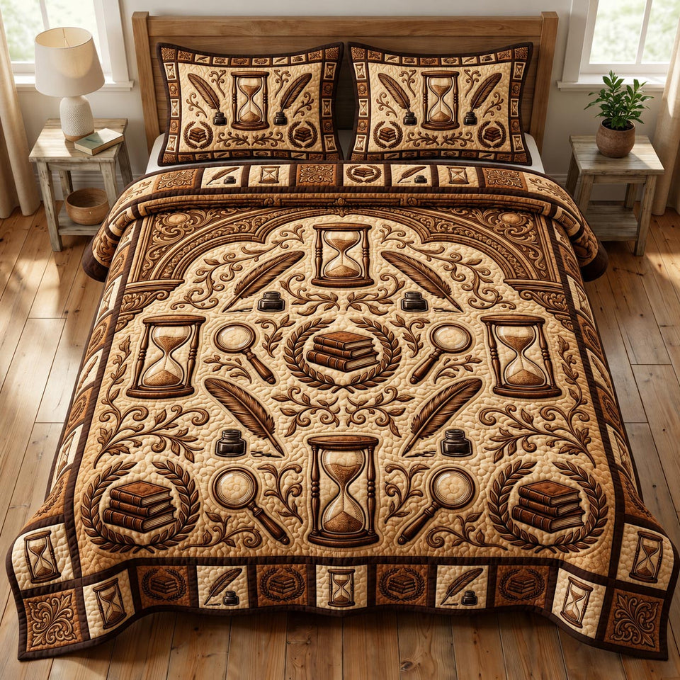Dark Academia Embossed Tan Monochrome quilted bedding set, quilt and two pillow shams on a made bed