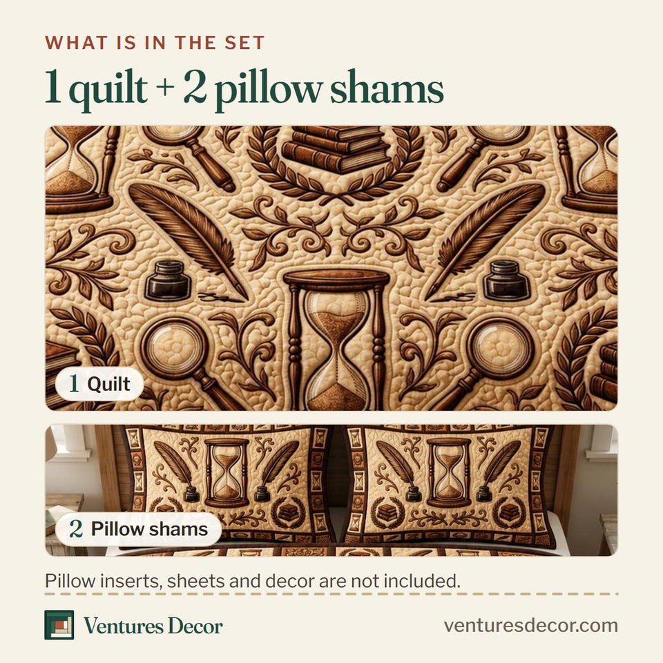 What is in the set: one quilt and two pillow shams, shown in the Dark Academia Embossed Tan Monochrome design
