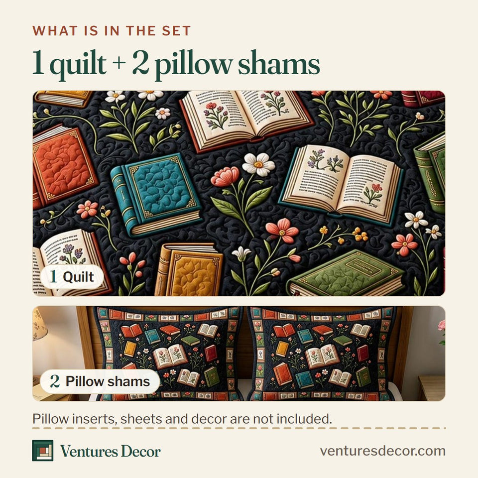What is in the set: one quilt and two pillow shams, shown in the Dark Academia Floral Book Covers Collage design