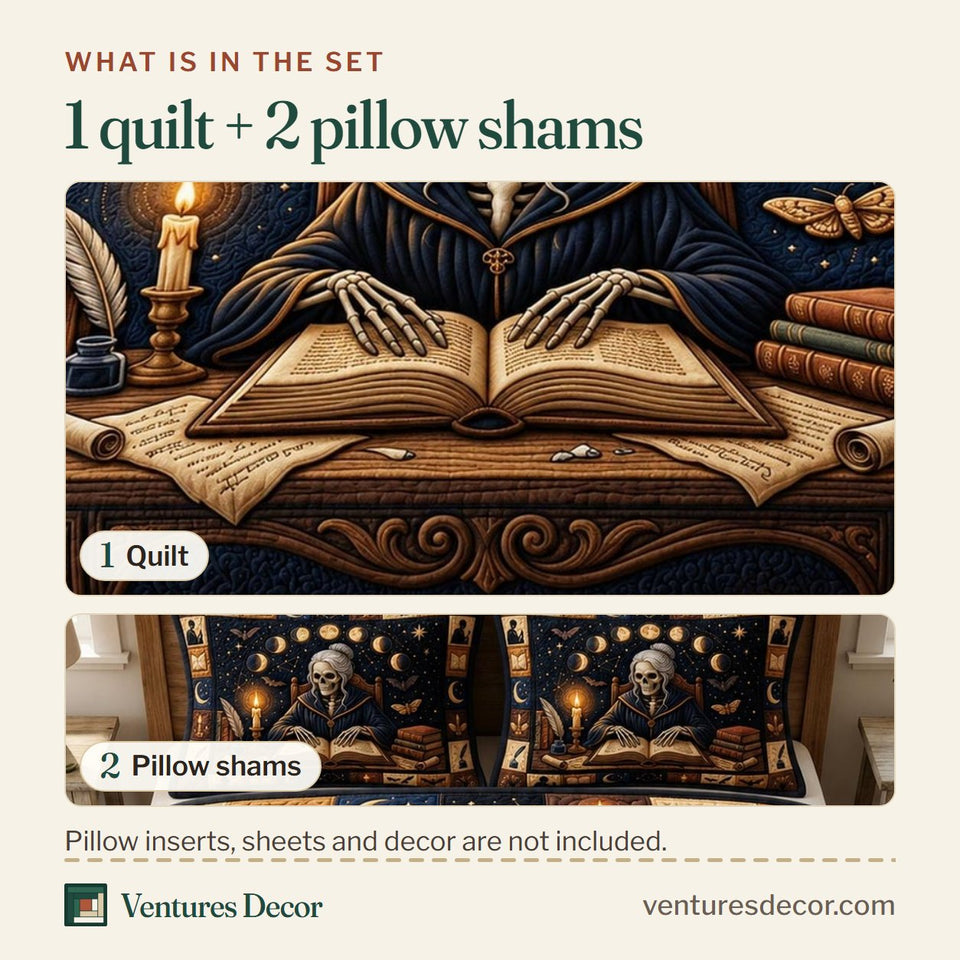 What is in the set: one quilt and two pillow shams, shown in the Dark Academia Skeleton Reader by Candlelight design