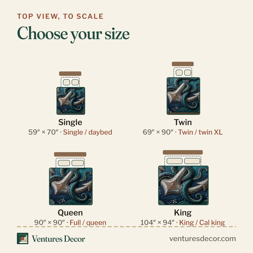 Size guide for the Dark Chain Anchor quilt, top view to scale: Single 59 x 70 in, Twin 69 x 90 in, Queen 90 x 90 in, King 104 x 94 in