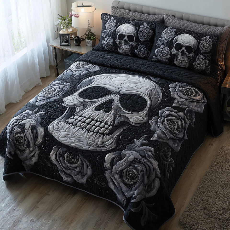 Dark Elegance Skull and Grey Roses quilted bedding set, quilt and two pillow shams on a made bed