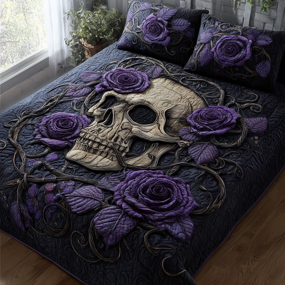 Dark Elegance Violet Rose Vines Skull quilted bedding set, quilt and two pillow shams on a made bed