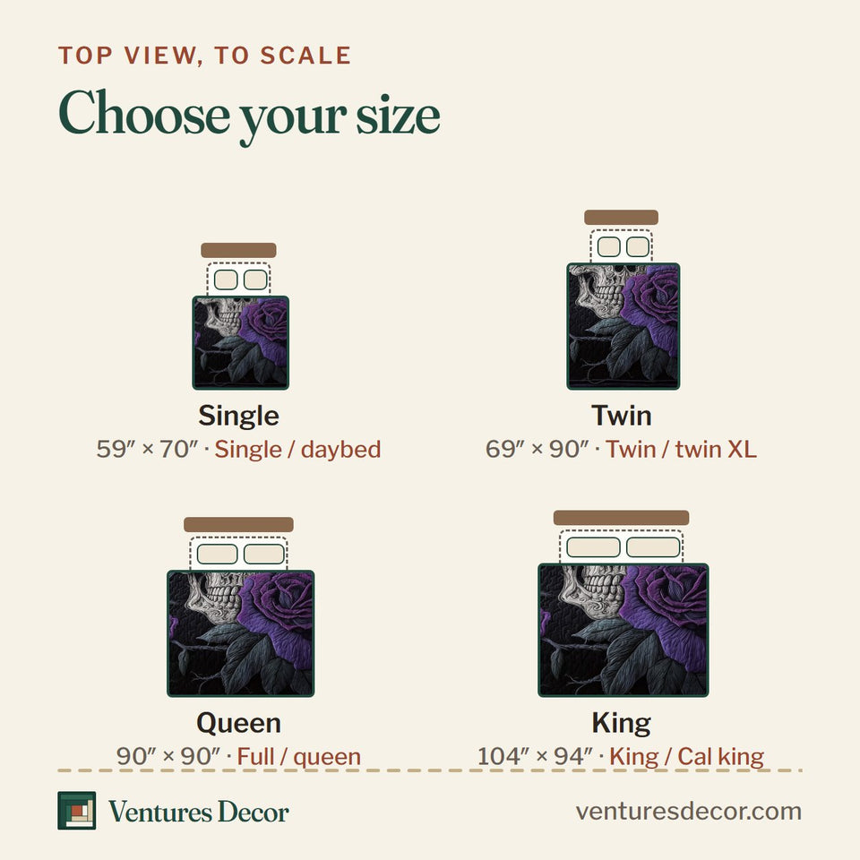 Size guide for the Dark Elegance Violet Skull quilt, top view to scale: Single 59 x 70 in, Twin 69 x 90 in, Queen 90 x 90 in, King 104 x 94 in