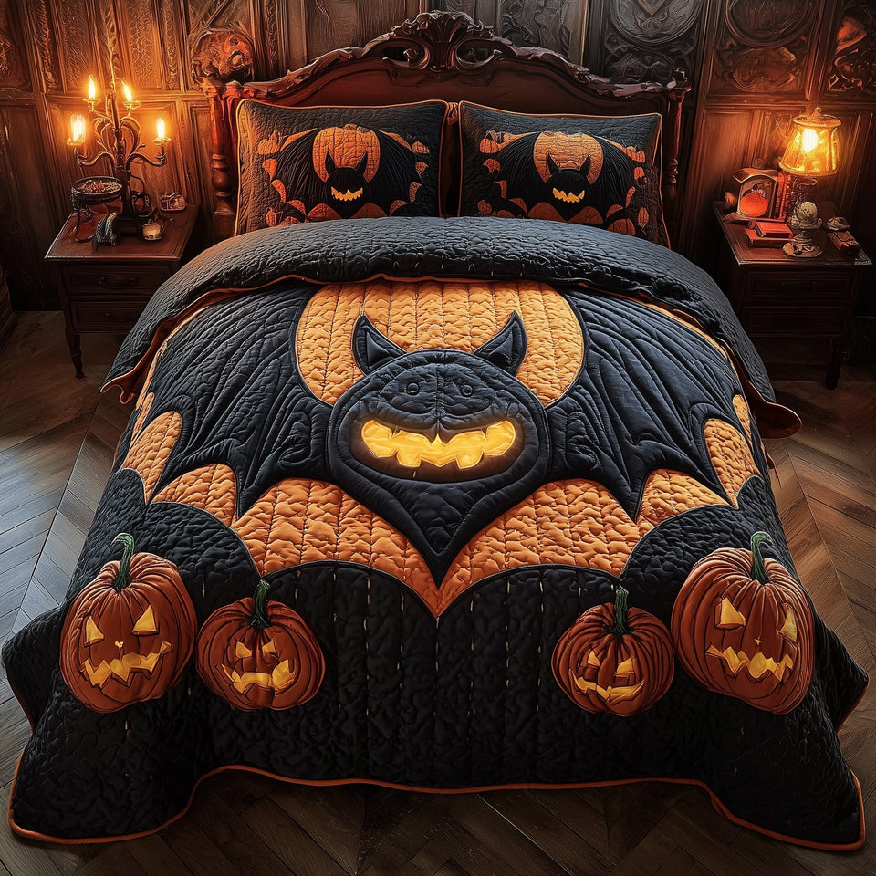 Dark Enchantment Bat Glow quilted bedding set, quilt and two pillow shams on a made bed