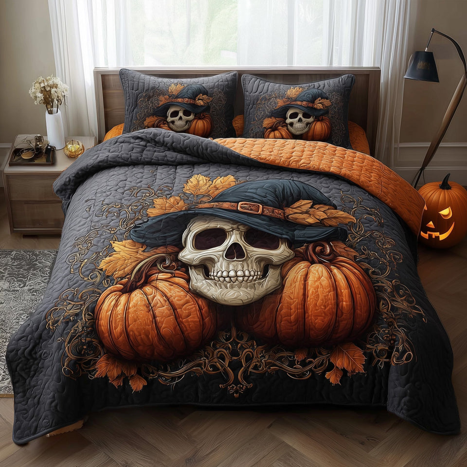 Dark Enchantment Witch Hat Skull Between Pumpkins quilted bedding set, quilt and two pillow shams on a made bed