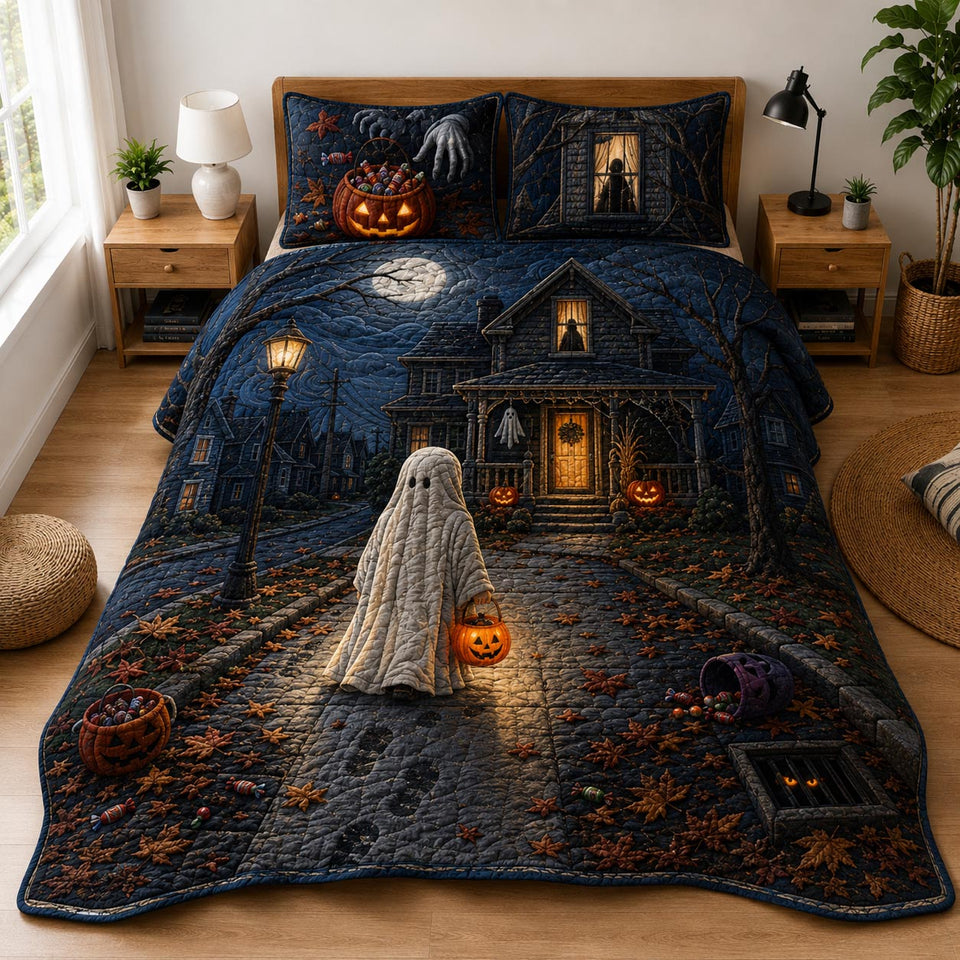 Dark Harvest quilted bedding set, quilt and two pillow shams on a made bed