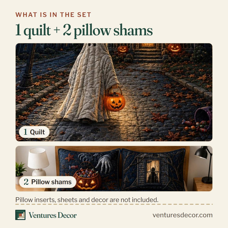 What is in the set: one quilt and two pillow shams, shown in the Dark Harvest design