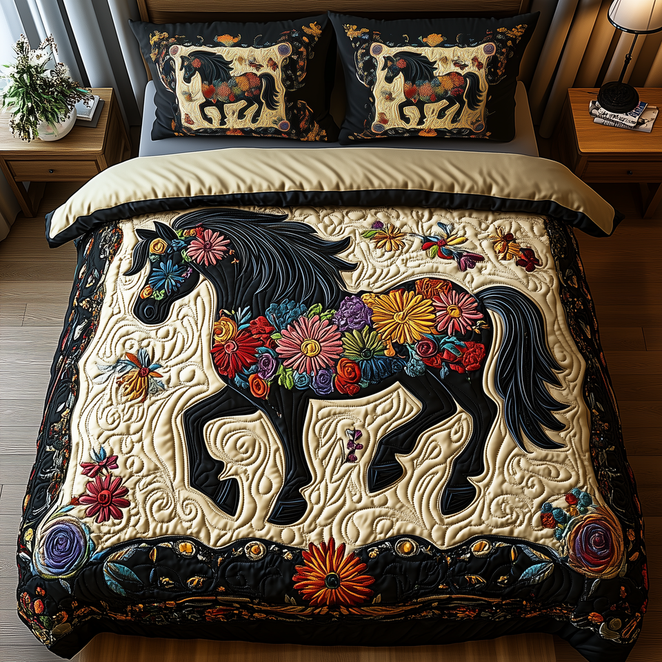 Dark Horse Galloping Floral Silhouette quilted bedding set, quilt and two pillow shams on a made bed