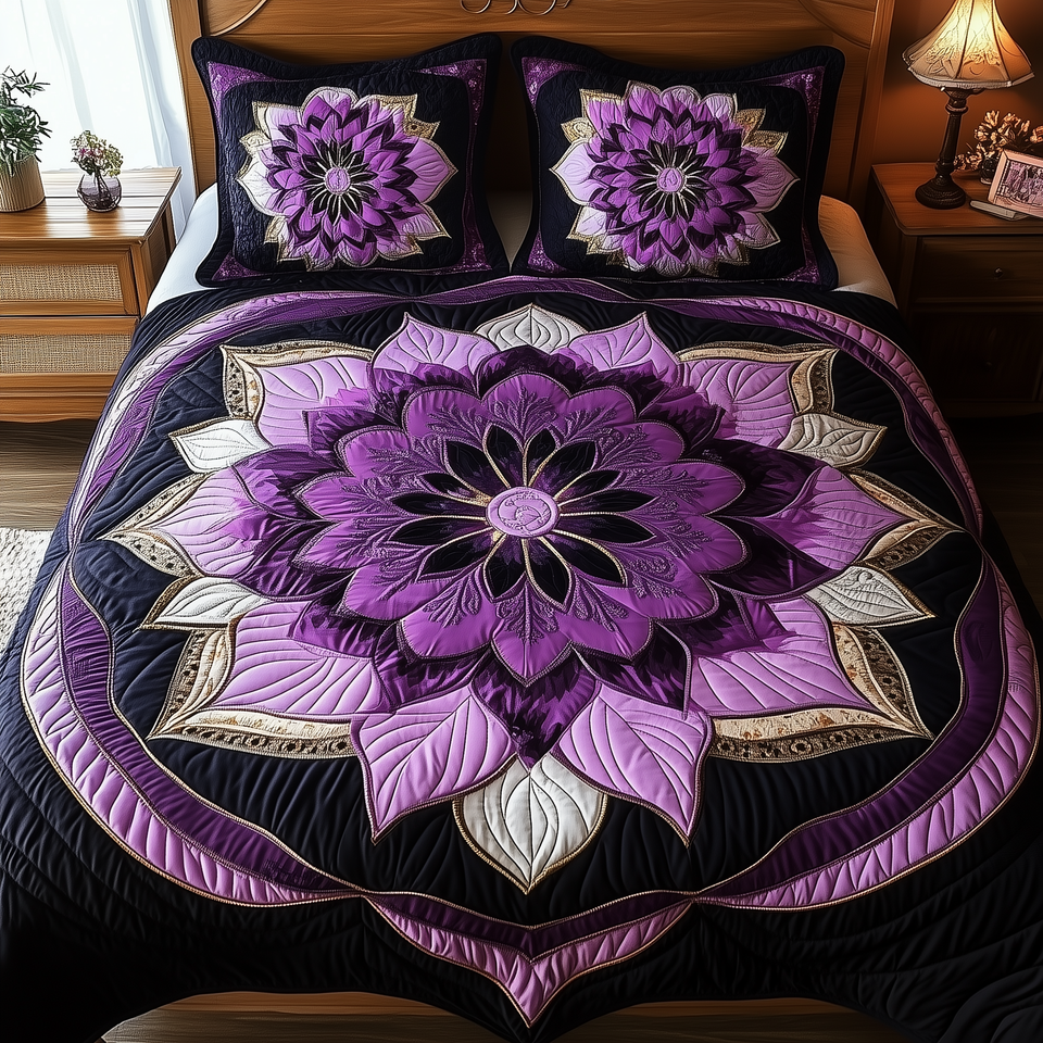 Dark Purple Flower Lotus Rosette quilted bedding set, quilt and two pillow shams on a made bed