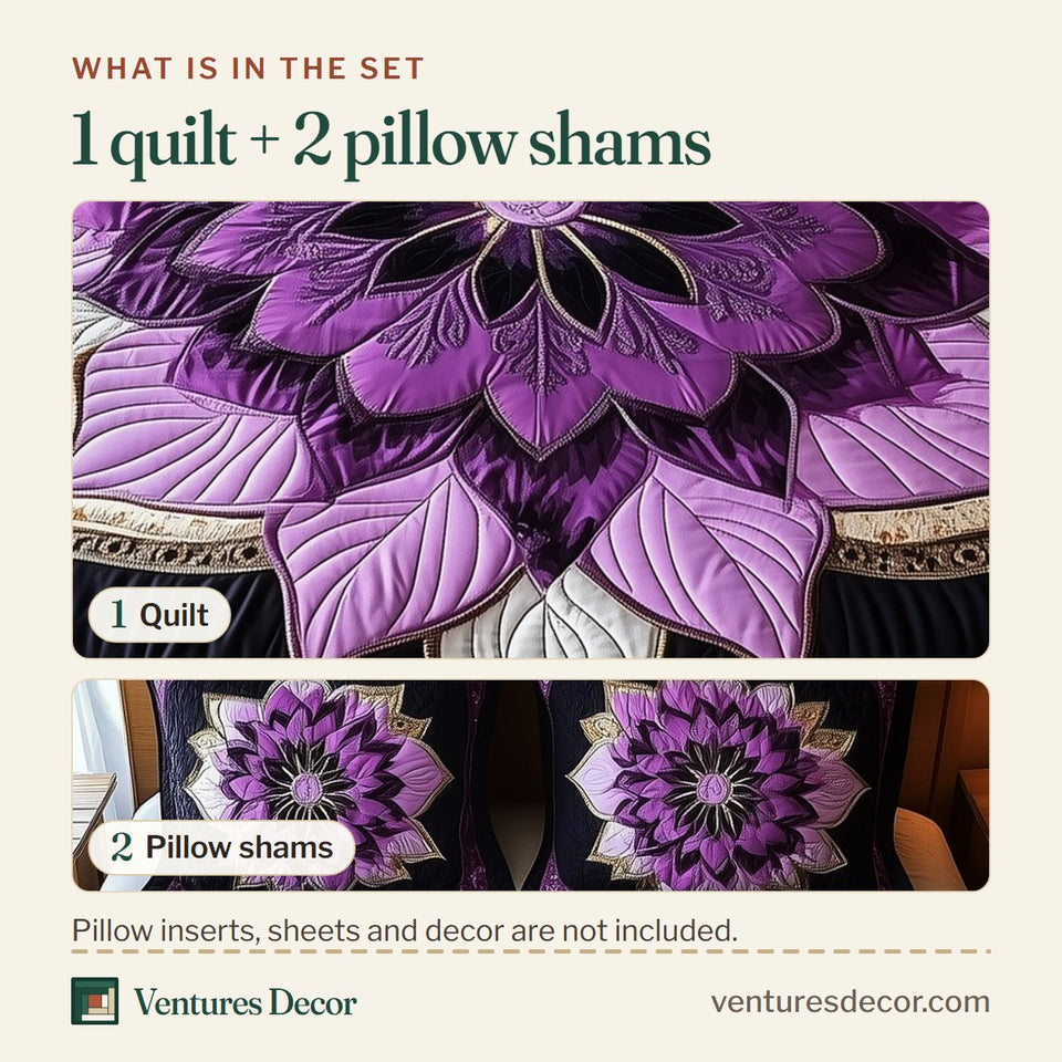 What is in the set: one quilt and two pillow shams, shown in the Dark Purple Flower Lotus Rosette design