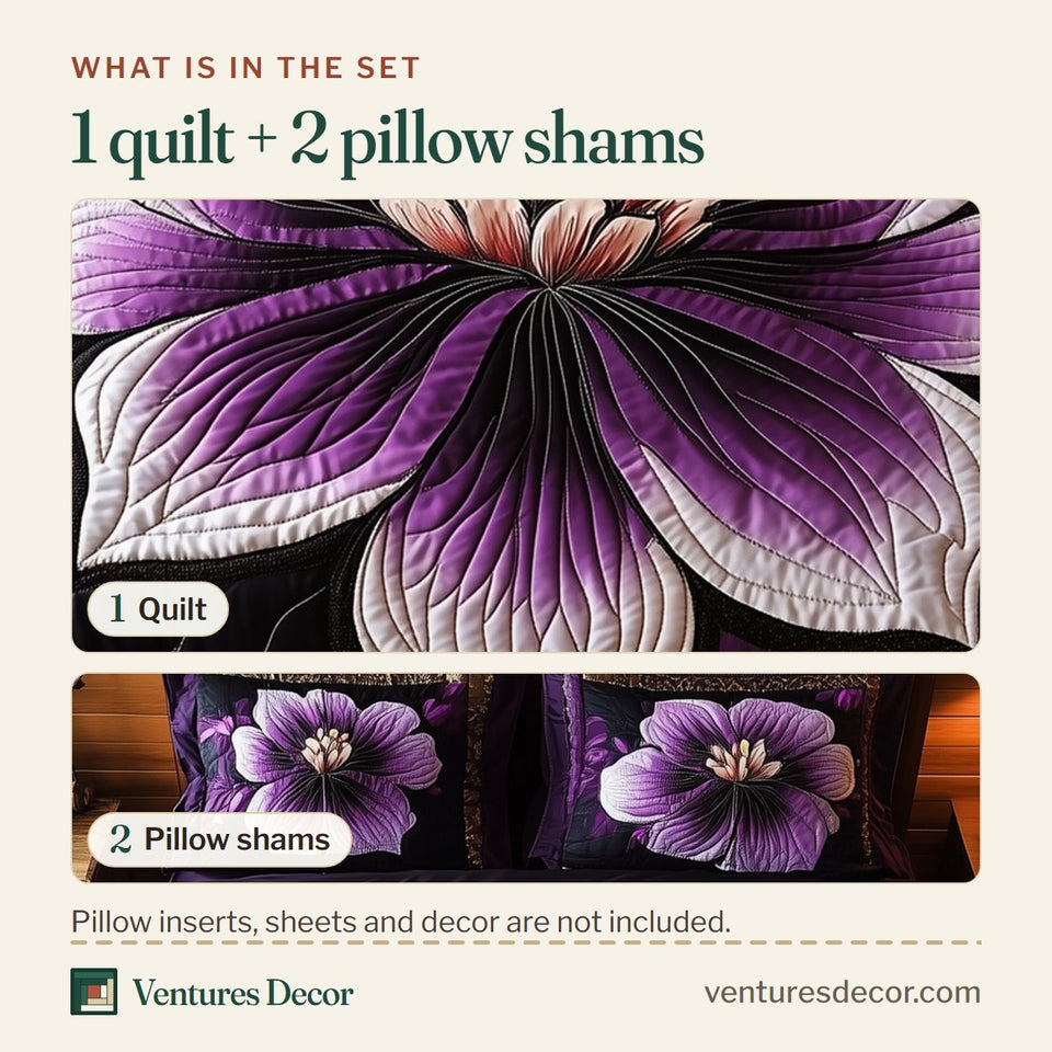 What is in the set: one quilt and two pillow shams, shown in the Dark Purple Flower Magnolia on Plum design