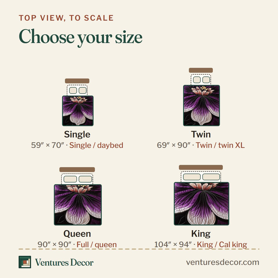 Size guide for the Dark Purple Flower Magnolia on Plum quilt, top view to scale: Single 59 x 70 in, Twin 69 x 90 in, Queen 90 x 90 in, King 104 x 94 in