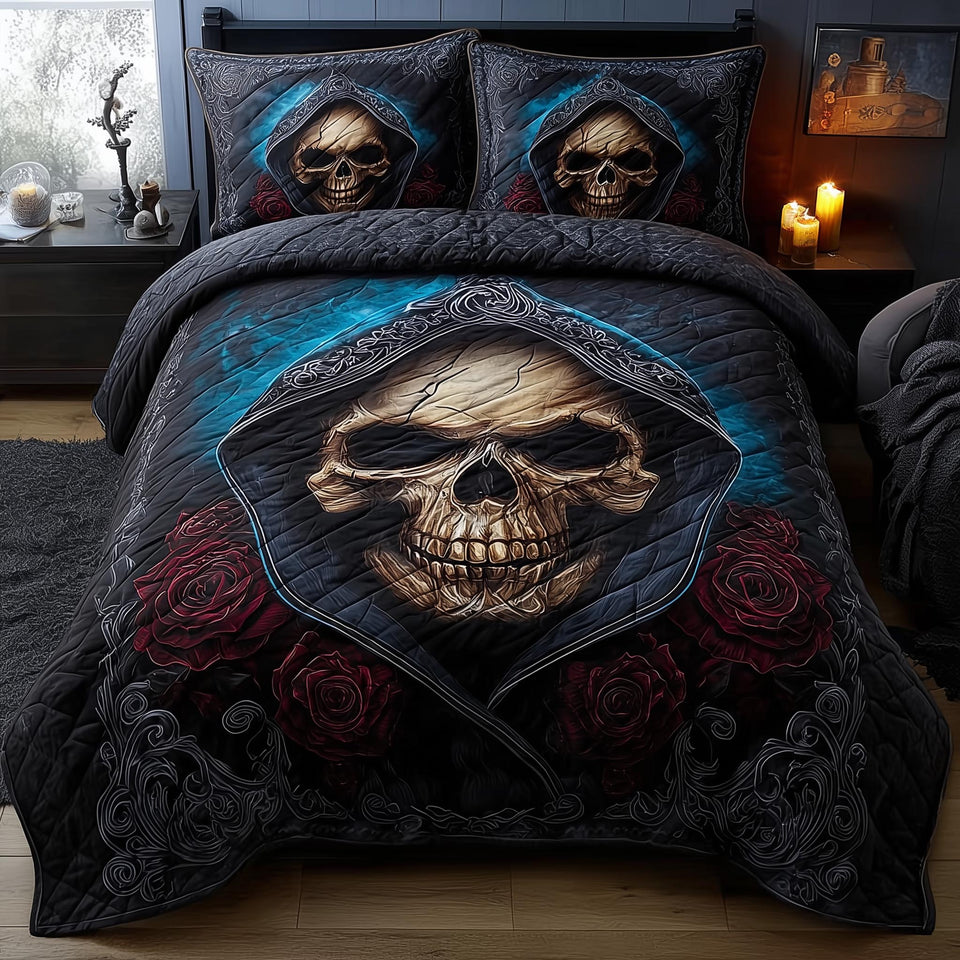 Dark Romance Hooded Skull Teal Glow quilted bedding set, quilt and two pillow shams on a made bed