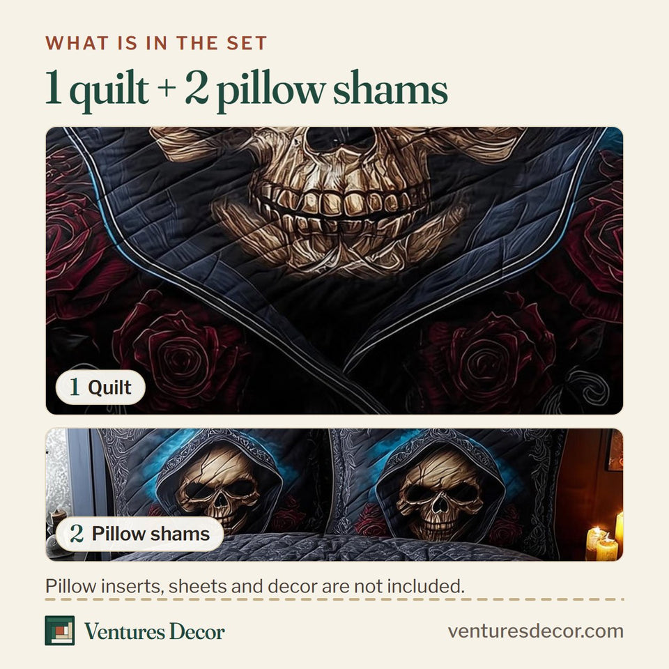 What is in the set: one quilt and two pillow shams, shown in the Dark Romance Hooded Skull Teal Glow design
