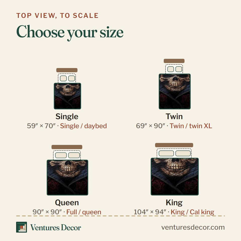 Size guide for the Dark Romance Hooded Skull Teal Glow quilt, top view to scale: Single 59 x 70 in, Twin 69 x 90 in, Queen 90 x 90 in, King 104 x 94 in
