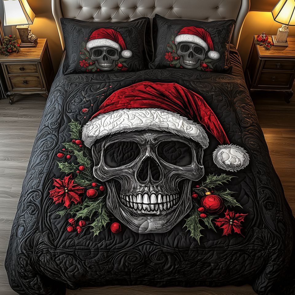 Dark Santa Skull quilted bedding set, quilt and two pillow shams on a made bed