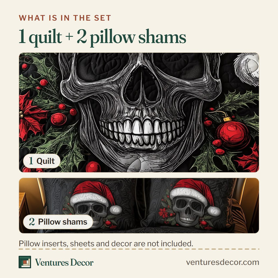What is in the set: one quilt and two pillow shams, shown in the Dark Santa Skull design